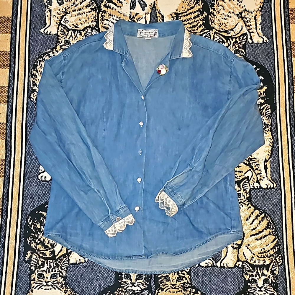 Vintage Cherokee button-down denim top lace trim v-neck bouquet 💐 i7